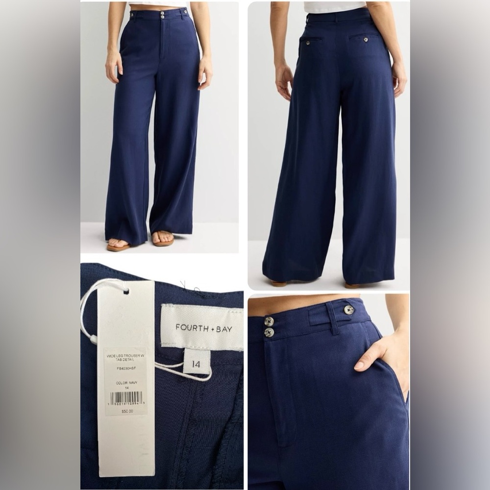Fourth+Bay Wide Leg Trouser with Tab Detail in navy Women size 14